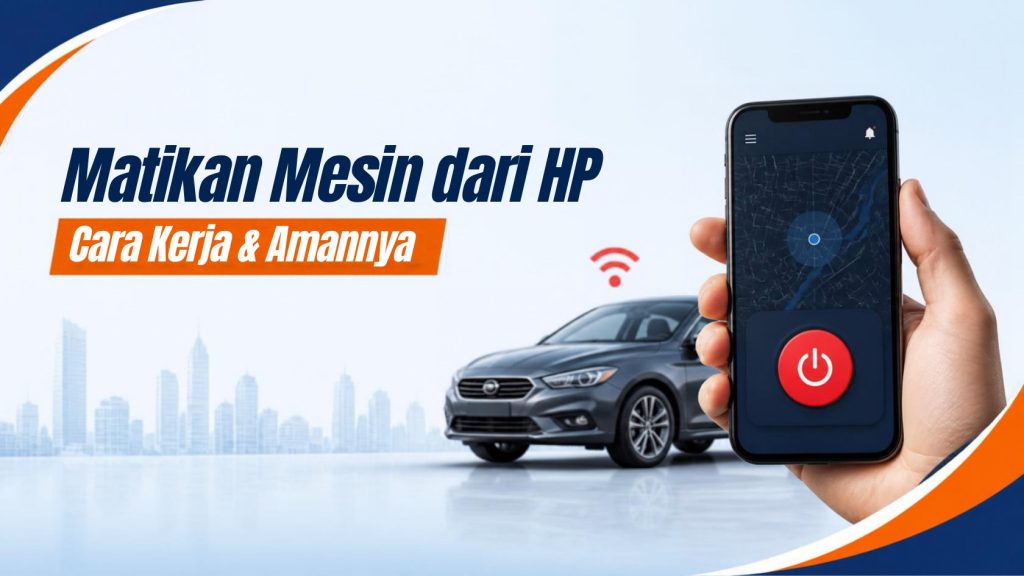 Tangan memegang smartphone dengan tombol matikan mesin di aplikasi GPS tracker kendaraan